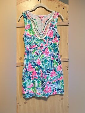 Lily Pulitzer Sleeveless Tropical Print Shift Dress with Beaded Neckline